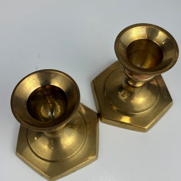 Pair Vintage Brass Hexagonal Base Candle Holders 2.5" Tall Made In India - Picture 2 of 5
